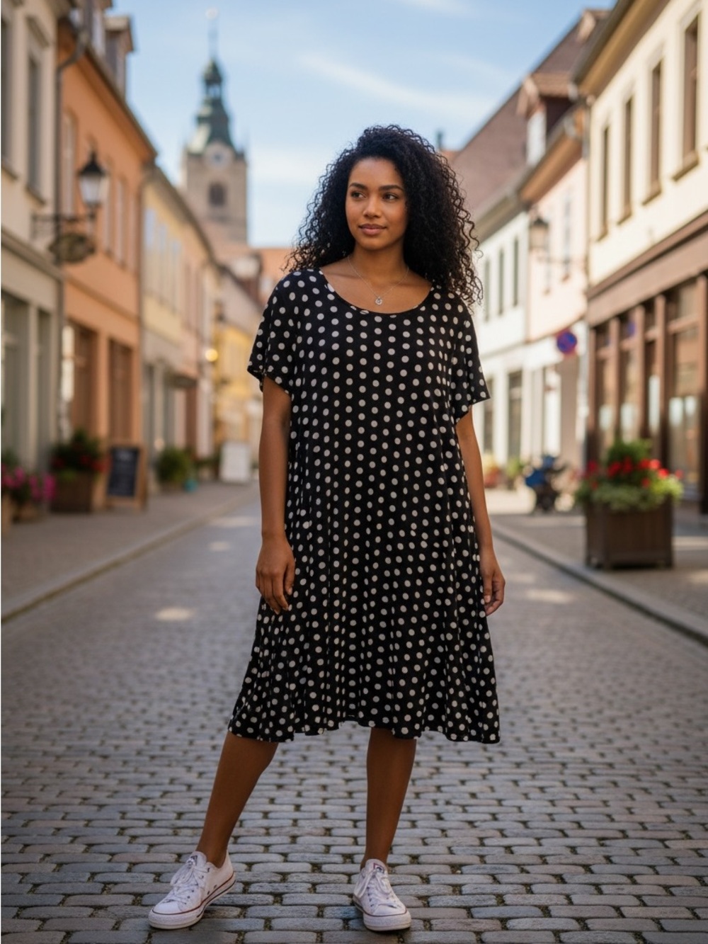 Black Polka Dot Midi Dress - Comfortable Everyday Swing Dress